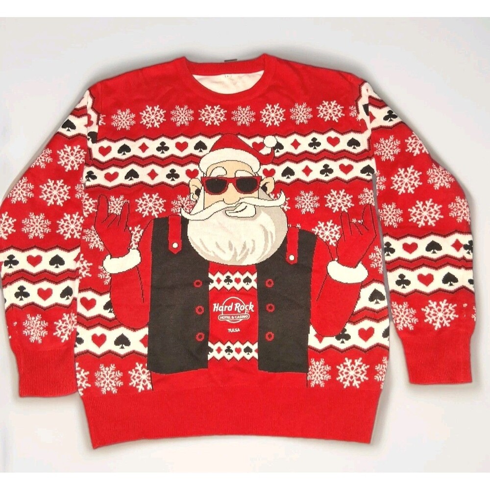 Hard Rock Hotel &Casino Tulsa Santa Ugly Christmas Sweater Mens Large Biker Rock